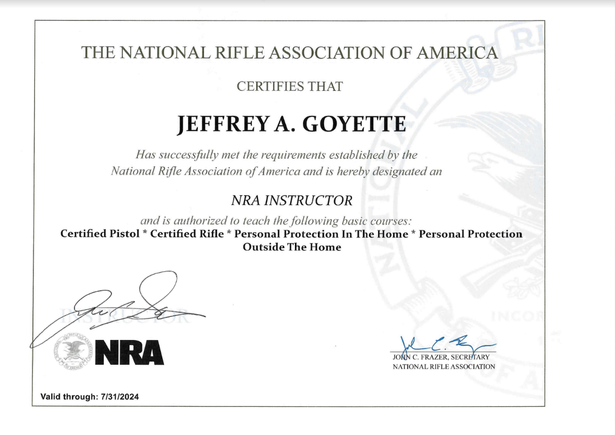 NRA certified instructor in Rhode Island Jeffrey A. Goyette